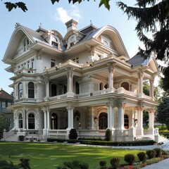 Luxurious Victorian Style Mansion Surrounded by Lush Greenery in Bright Daylight
