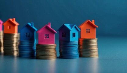 Miniature houses on coin stacks representing real estate investment