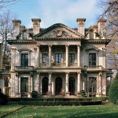 Elegant Historic Mansion With Ornate Architecture Set in Serene Landscape During Clear Daylight