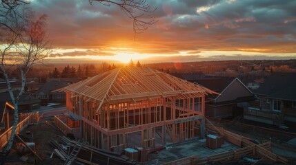 New House Construction Under Sunset Sky in Suburban Neighborhood