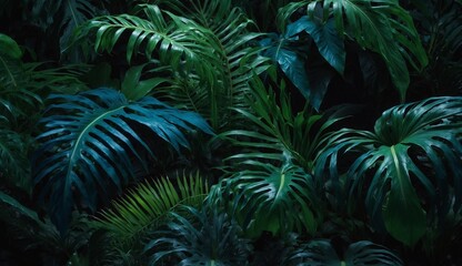 Fototapeta premium Dense rainforest foliage with different shades of green leaves.