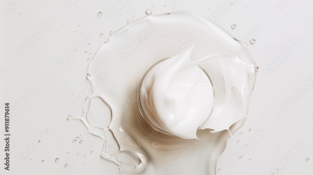 Poster smooth white cream splashes from a jar on a pristine background, embodying purity and freshness for 