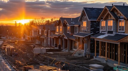 Sunset Over New Residential Development With Framed Houses and Construction Materials in Progress