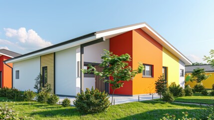 Modern Single-Story House Surrounded by Lush Greenery Under a Clear Sky