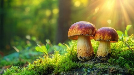 Two mushrooms are sitting on a mossy log in the shade. The mushrooms are brown and appear to be fresh. The scene is peaceful and serene, with the sun shining through the trees