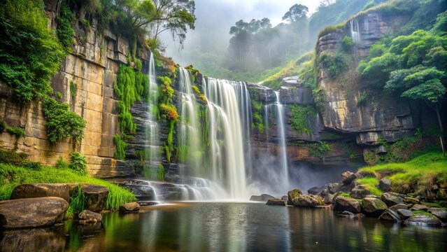Serenene Serra do Cip&oacute; waterfall in Brazil mirrors itself on stone walls, creating a stunning reflective illusion amidst lush greenery and misty atmosphere.