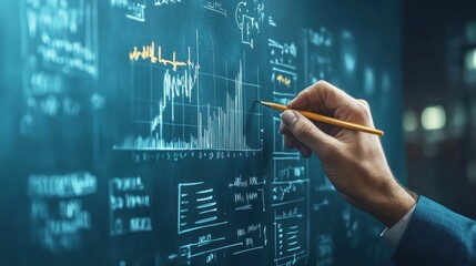 Fototapeta premium A hand is drawing a graph on a blue surface.