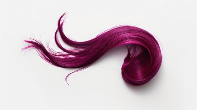 Elegant and artistic composition is created by a single shiny, purple hair resting on a white background