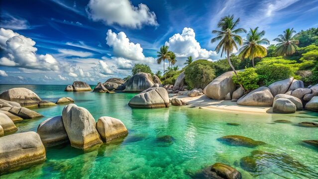 Serene turquoise waters lap against the powdery white sand of Tanjung Tinggi Beach, surrounded by towering granite boulders and lush tropical greenery on Belitung Island.