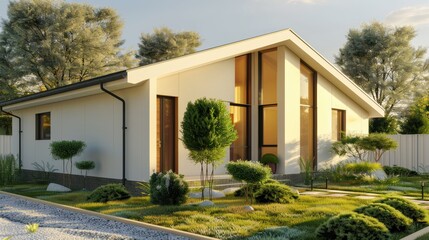 Modern Single-Story House Surrounded by Lush Greenery in Bright Daylight