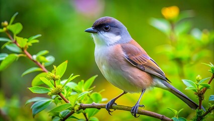 Obraz premium Small grey-brown bird with black neck spot and gentle gaze perches on a branch, blending into lush green foliage in a serene natural setting.