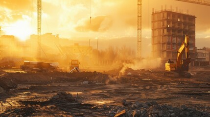 Sunset Over Construction Site With Excavators and Cranes in Urban Area