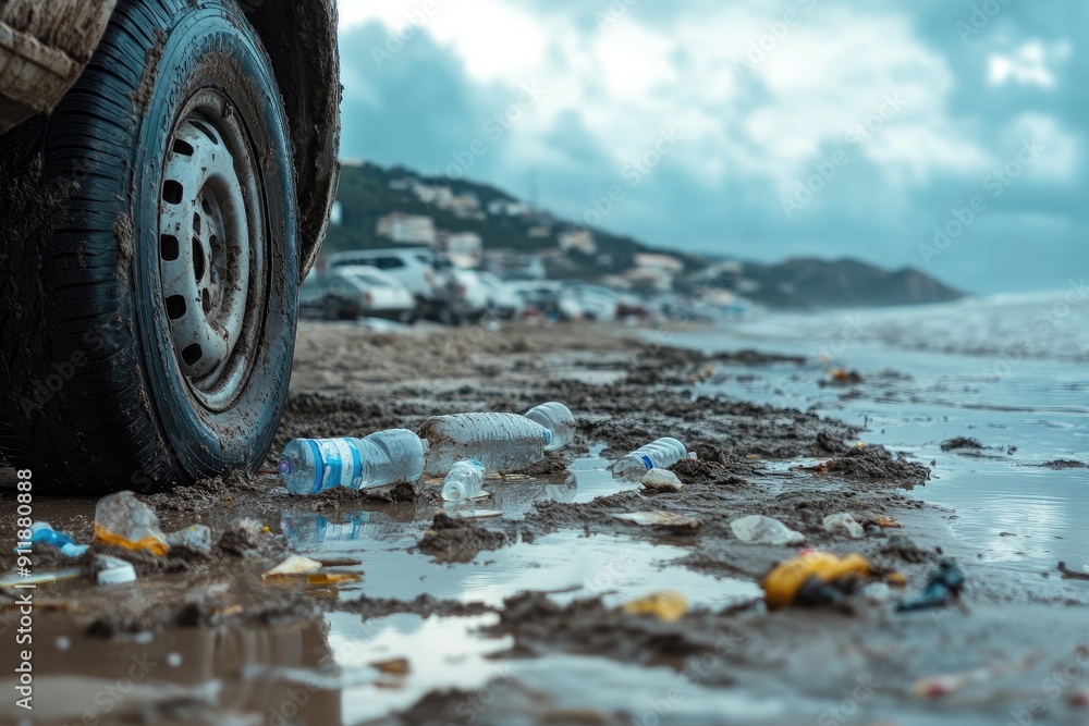 Poster a car tire is on a beach with trash and bottles scattered around it. scene is one of pollution and e