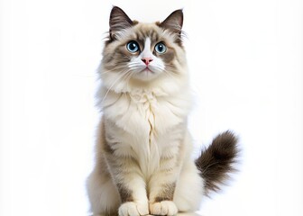 Obraz premium Adorable ragdoll cat stands upright on hind legs, front paws dangling, whiskers twitching, big round eyes shining bright, on a pure white isolated background.