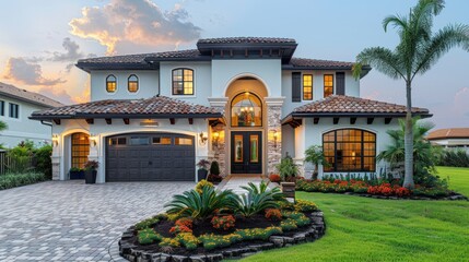 Elegant Two-Story Home With Lush Landscaping at Dusk in a Upscale Neighborhood