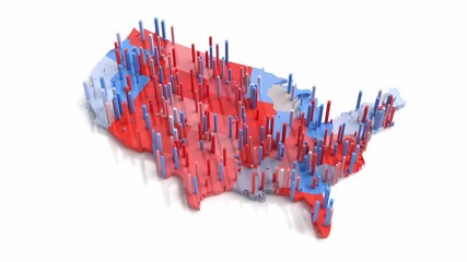usa map of republicans and democrats vote counting data visualization of the electoral colleges 3d animation loop. Can be used to represent president or senate election, swing states or democracy - Powered by Adobe
