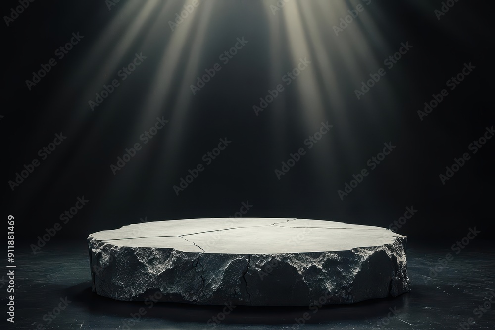 Poster a broken yet minimal empty solid stage pedestal stands under sunlight filtering through