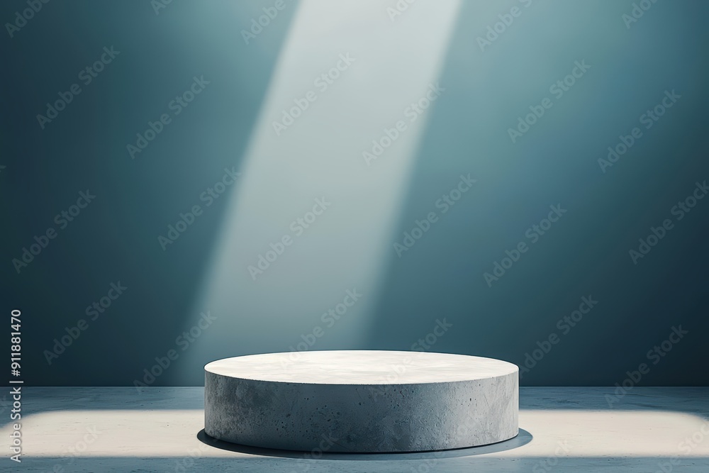 Poster a broken yet minimal empty solid stage pedestal stands under sunlight filtering through
