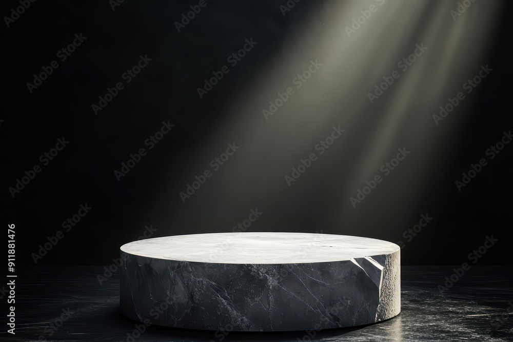 Poster a broken yet minimal empty solid stage pedestal stands under sunlight filtering through