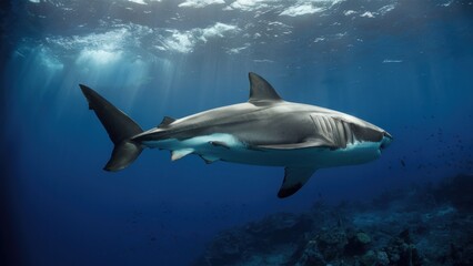 Obraz premium A large shark swimming in the ocean with a coral reef behind it, AI