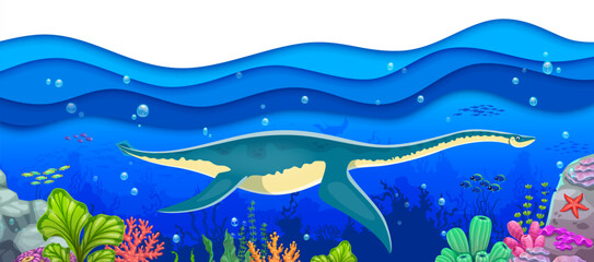 Cartoon underwater plesiosaur dinosaur character. Vector paper cut scene with sea prehistoric creature swimming under the ocean 3d waves surrounded with colorful corals, fish schools and seaweeds