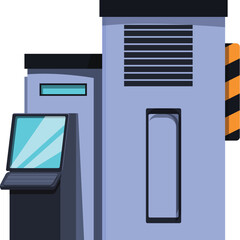 Modern building with touchscreen kiosk showing blank digital display for your advertisement