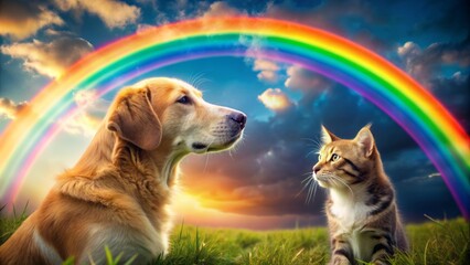 Tender moment of feline and canine companionship as they gaze longingly at a vibrant rainbow, symbolizing their journey to the afterlife together in harmony.