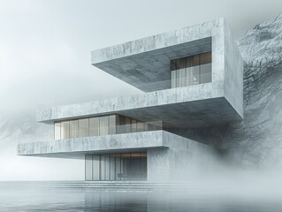 Modern Concrete House Overlooking Serene Misty Lake in a Mountainous Setting During Early Morning