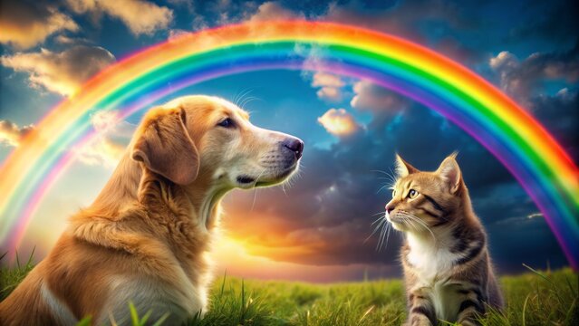 Tender moment of feline and canine companionship as they gaze longingly at a vibrant rainbow, symbolizing their journey to the afterlife together in harmony.