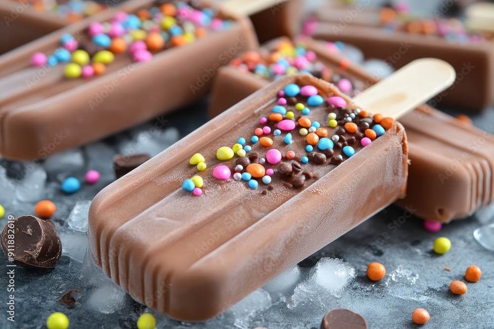 Poster a chocolate ice cream stick with colorful sprinkles on top. the sprinkles are in various colors and 