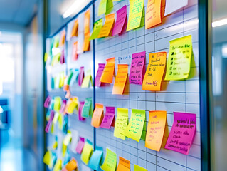 Colorful stickers on a whiteboard organize tasks and objectives in a dynamic startup environment, showcasing iterative progress and goal-oriented project management.