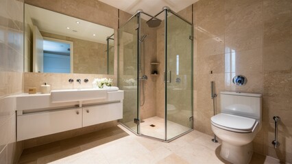 A bathroom with a glass shower and toilet in it, AI