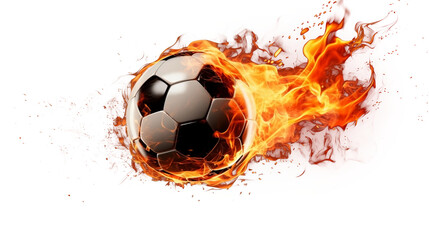 Close Up to a Soccer Ball Flying with Burning Fire Flame PNG isolated on white and transparent background - Flying Football trajectory Flame effect Soccer kick Ball Motion Impact Sports Concept