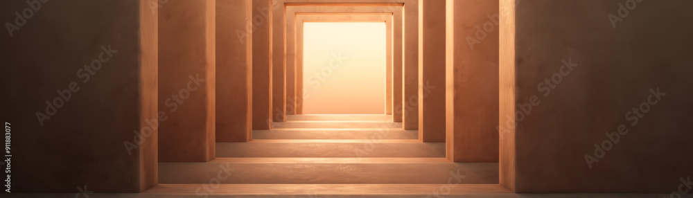 Poster a serene passageway illuminated by warm light, creating an inviting atmosphere of depth and perspect