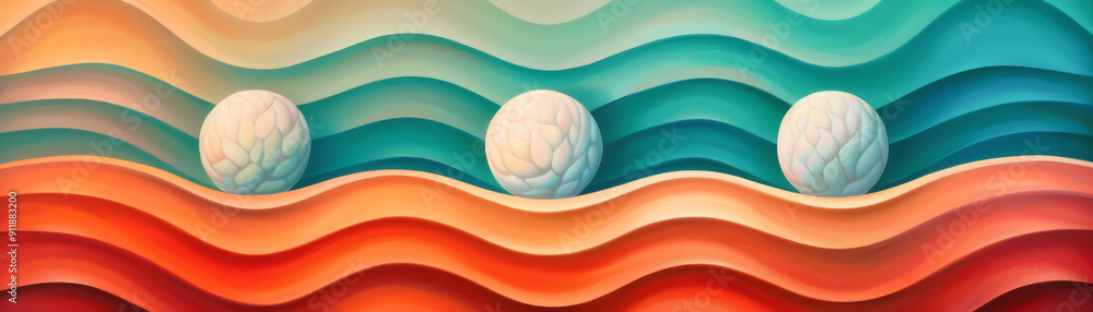 Poster a vibrant abstract design featuring colorful waves and floating spheres, evoking a sense of movement