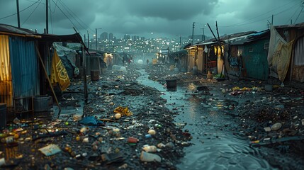 Exploring A Rainy Dusk In An Urban Settlement Surrounded By Waterlogged Streets And Makeshift Homes