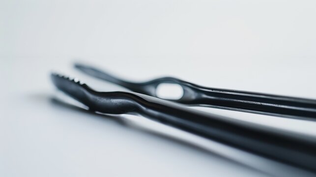 Sleek black metal tongs on white surface in modern kitchen setting, perfect for cooking and serving delicious dishes