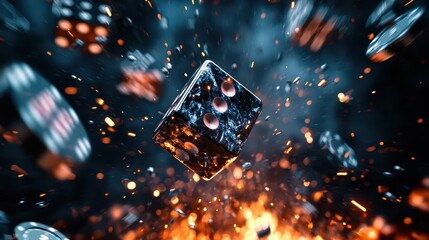 Abstract bomb explosion of casino imagery, dynamically spread across an empty background, with a mesmerizing light effect emphasizing dice rolls