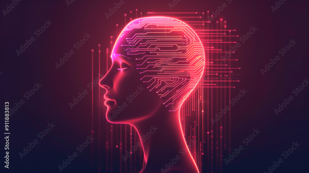 Poster futuristic profile of a humanoid head with neon digital circuitry motifs illustrating artificial int