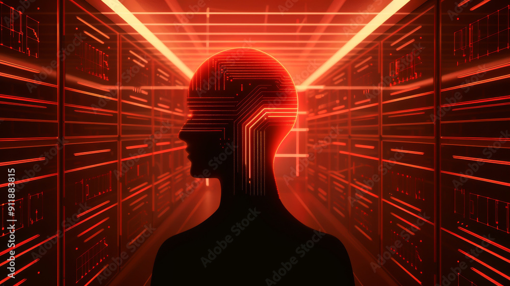 Poster futuristic silhouette with circuit lines, surrounded by glowing red lights in a data storage environ