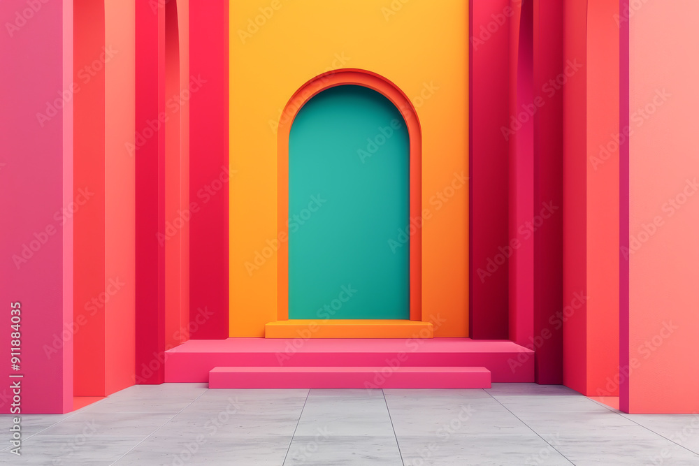 Poster vibrant geometric architecture featuring colorful walls and an archway, creating a modern and lively