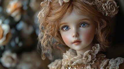 Doll, a porcelain doll in a fancy dress, elegant lighting