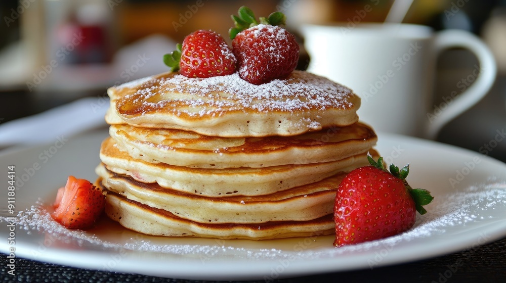 Poster a stack of pancakes with strawberries and powdered sugar on top. the pancakes are piled high and loo