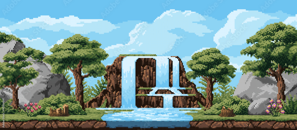 Poster 8 bit pixel landscape with mountains and waterfall cascade arcade game level vector background. pixe