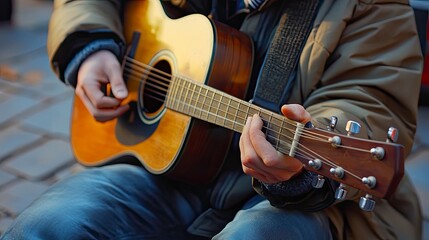 Street musician playing guitar for tips