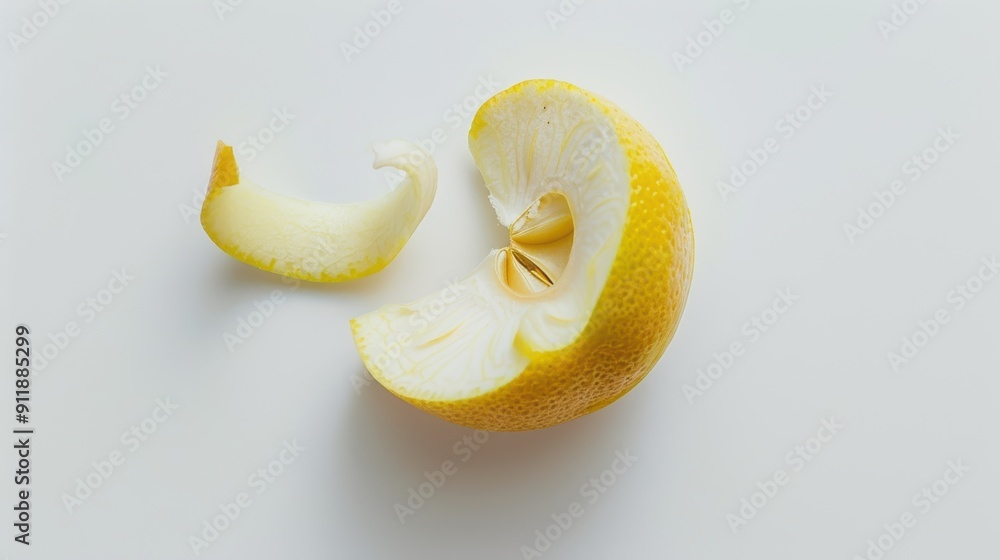 Poster freshly peeled yellow lemon with segments and zest on a white background, perfect for adding color a