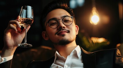 Luxury portrait of an Asian entrepreneur, celebrating a major milestone with a toast, his full body visible with sunlight filtering through an upscale lounge