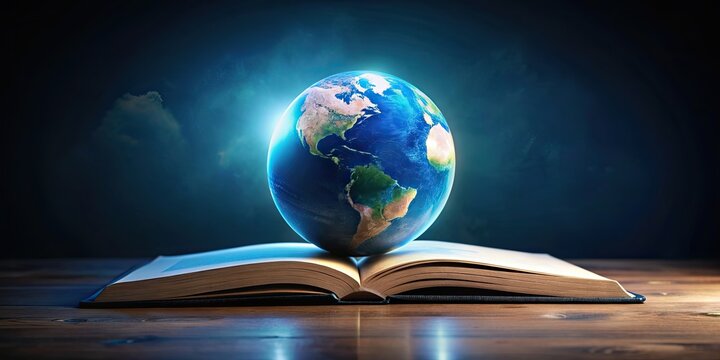 Global knowledge concept with illuminated globe hovering over open book in dark background, global, knowledge