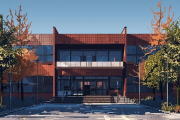 Modern Architectural Building Surrounded by Autumn Trees on a Clear Day