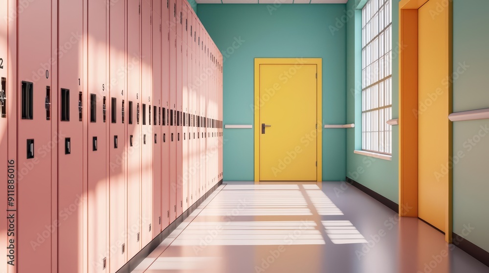 Poster modern banner design featuring an empty school hallway with lockers and sunlight filtering through t